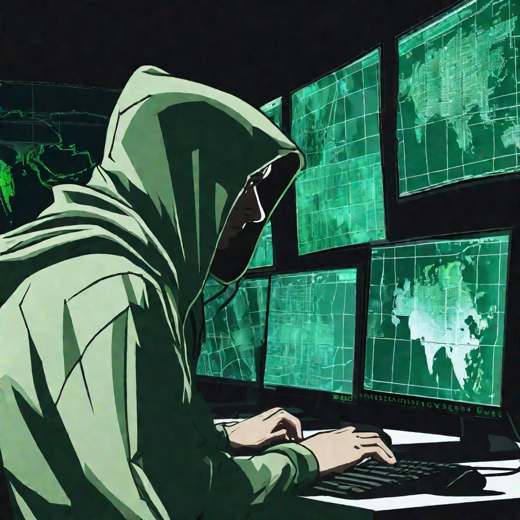 Крупным планом хакер в капюшоне сосредоточенно смотрит на три монитора, демонстрирующих карты и записи с видеокамер наблюдения. Хакер работает над взломом защищенной системы, на его лицо падает отсвет зеленого кода. Изображения на экранах мрачные и зловещ