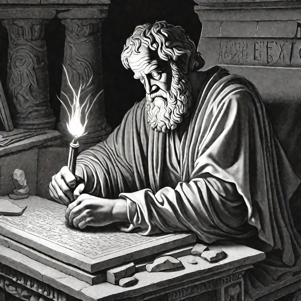 Платон записывает свою философию при свете факела