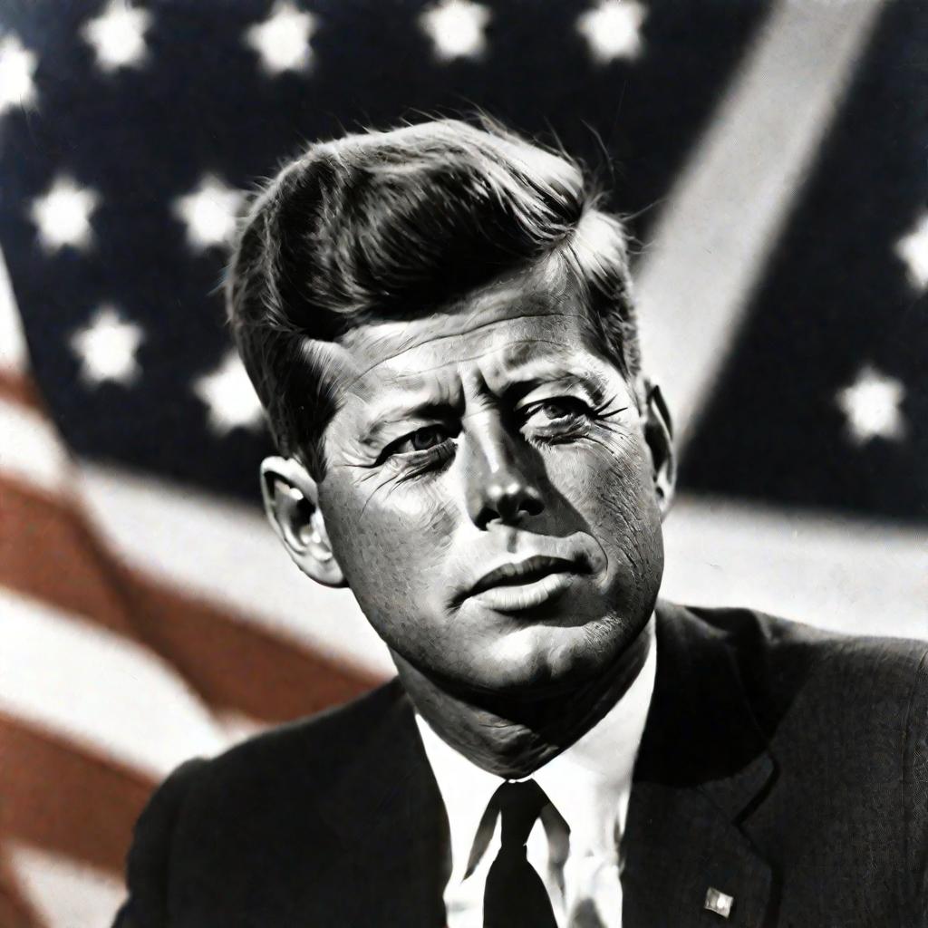 Портрет Кеннеди на фоне флага США