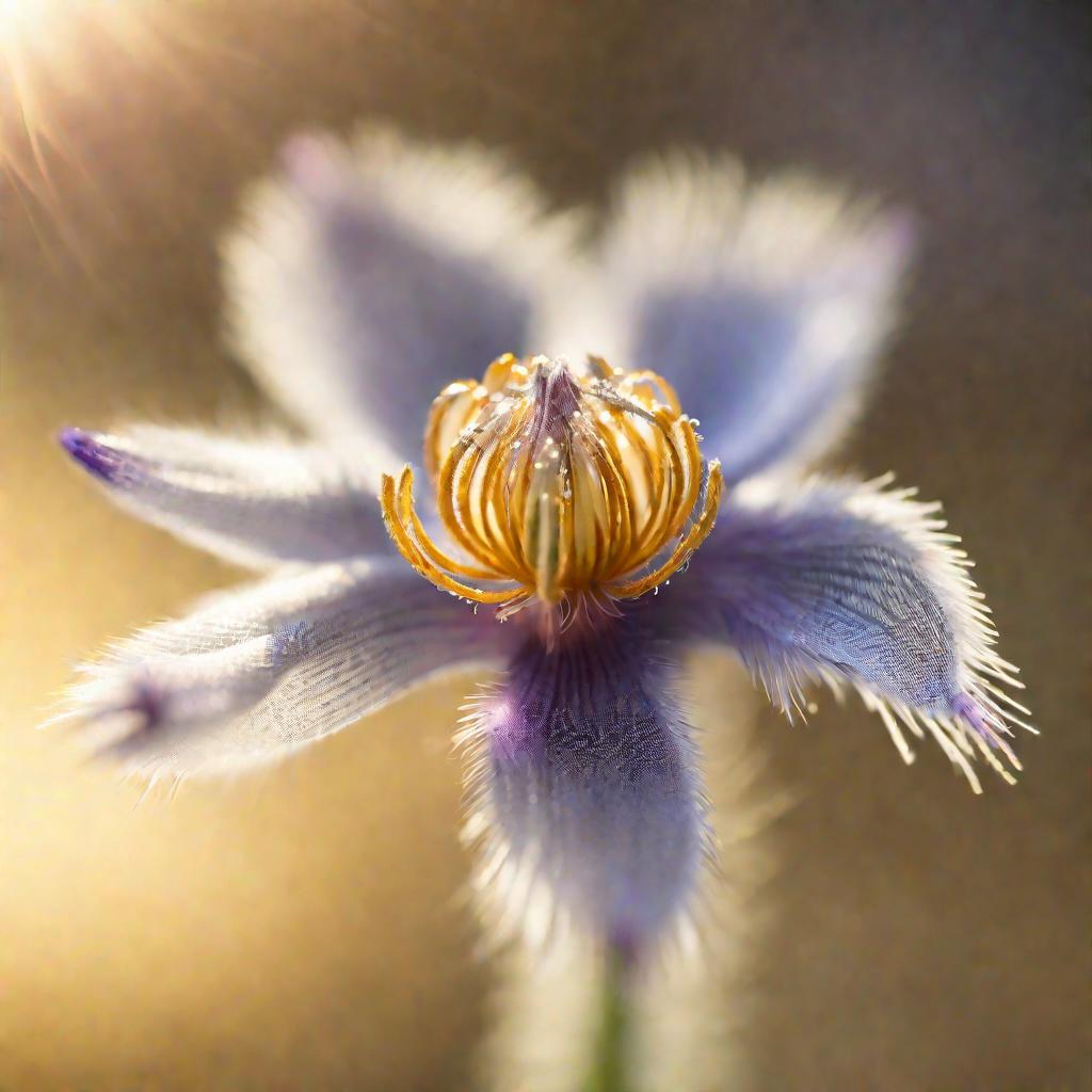 Макрофотография цветка прострела, освещенного мягким солнечным светом, демонстрирует микроскопический серебристый пушок, горки пыльцы, нежные тычинки и размытый кремово-желтый боке на заднем плане.