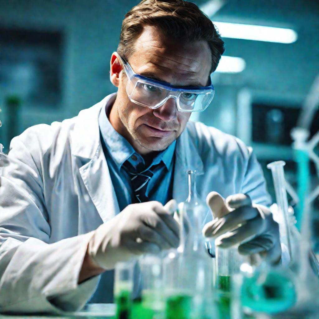 Портрет ученого, работающего с концентрированной соляной кислотой в лаборатории
