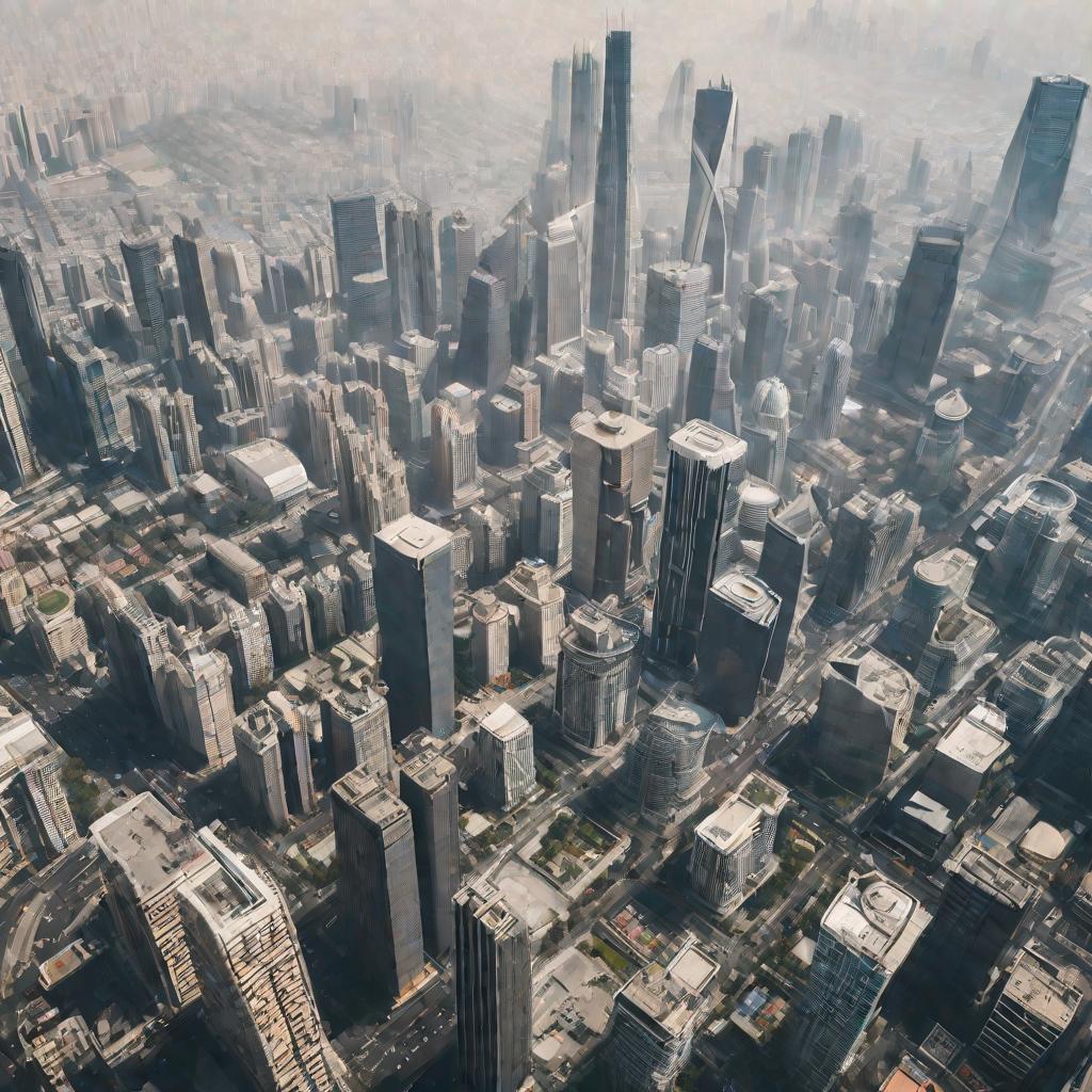 Вид большого современного города в солнечный день с небоскребами, загруженными машинами улицами и дымкой загрязнения в воздухе