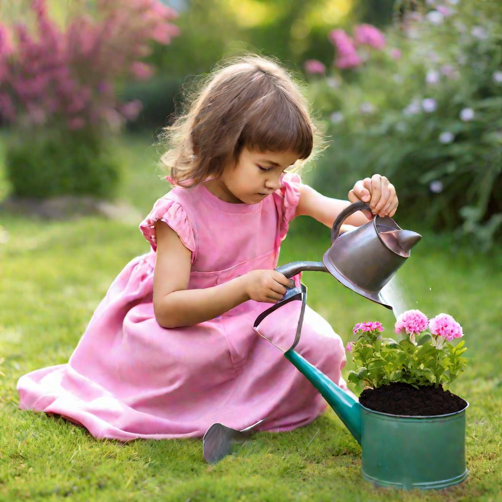 Девочка сажает цветок в землю