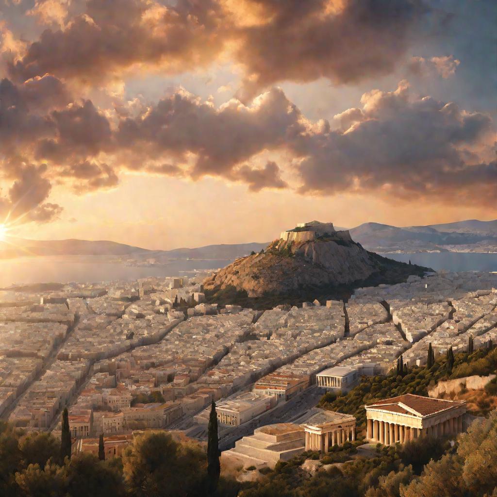 Панорама Афин с Парфеноном на закате с кораблями в гавани