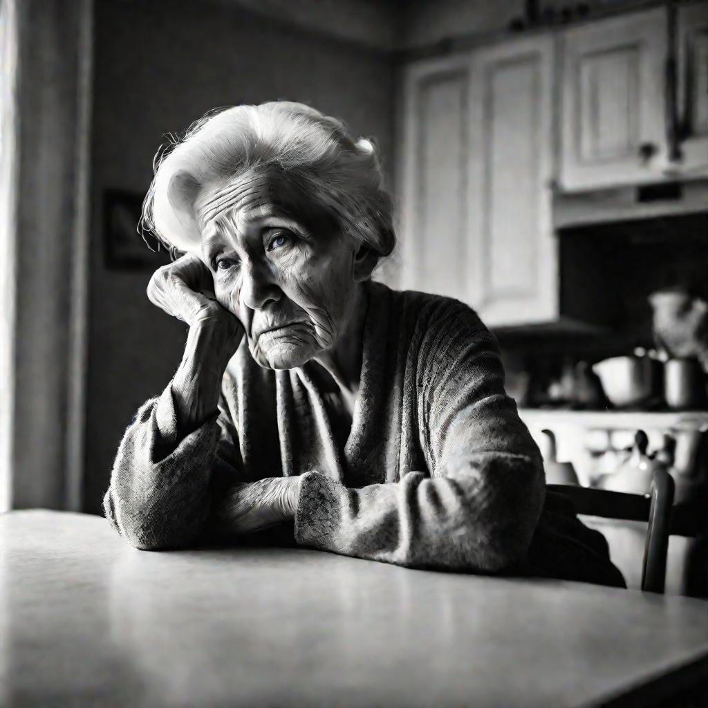 Мрачный черно-белый портрет пожилой женщины, сидящей в одиночестве за кухонным столом и грустно смотрящей вдаль, изображающий одиночество и изоляцию старости, связанные со стареющим населением.