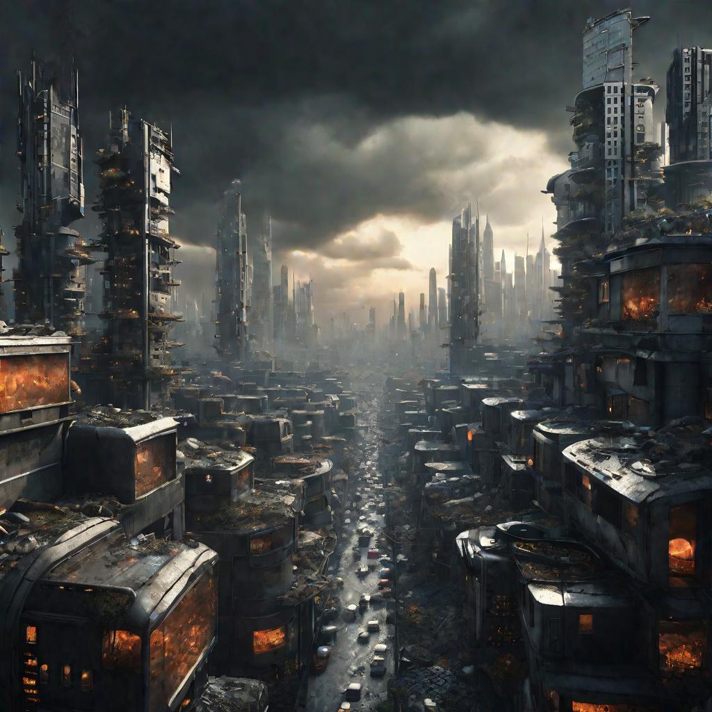 Компьютерная графика, изображающая обнищавший, перенаселенный футуристический городской пейзаж с затемненным от загрязнения небом, демонстрирующий антиутопическое будущее, обостренное перенаселением и нехваткой ресурсов.
