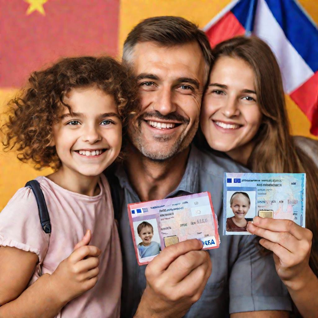 Крупным планом портрет улыбающейся европейской семьи – родители с двумя маленькими дочерьми – позирующие вместе на фоне разноцветного фона с раскрытыми паспортами в руках, демонстрируя отметки Шенгенских виз из их путешествий по Европе. На паспортах флаги