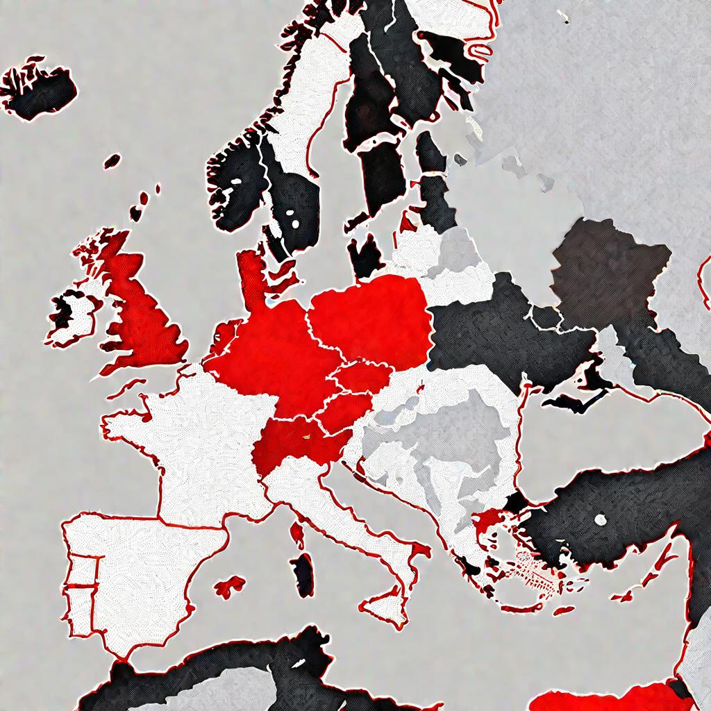 Вид сверху на большую объемную карту с обозначением территории Шенгенской зоны в Европе. Внутренние границы стран внутри Шенгена показаны серым цветом, а внешние границы выделены красным. Некоторые не входящие в Шенген страны выделяются белым цветом.