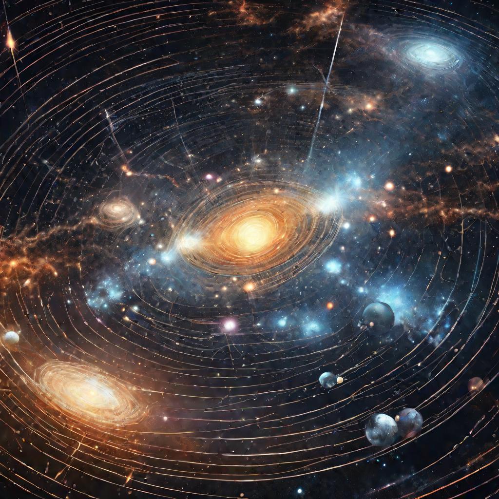 Космический пейзаж с галактиками и червоточинами, соединенными потоками энергии