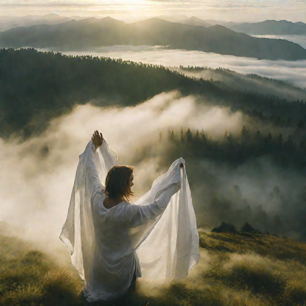 Вид сверху сквозь туман на женщину, красящую большую белую хлопковую рубашку в темно-зеленый цвет на вершине холма