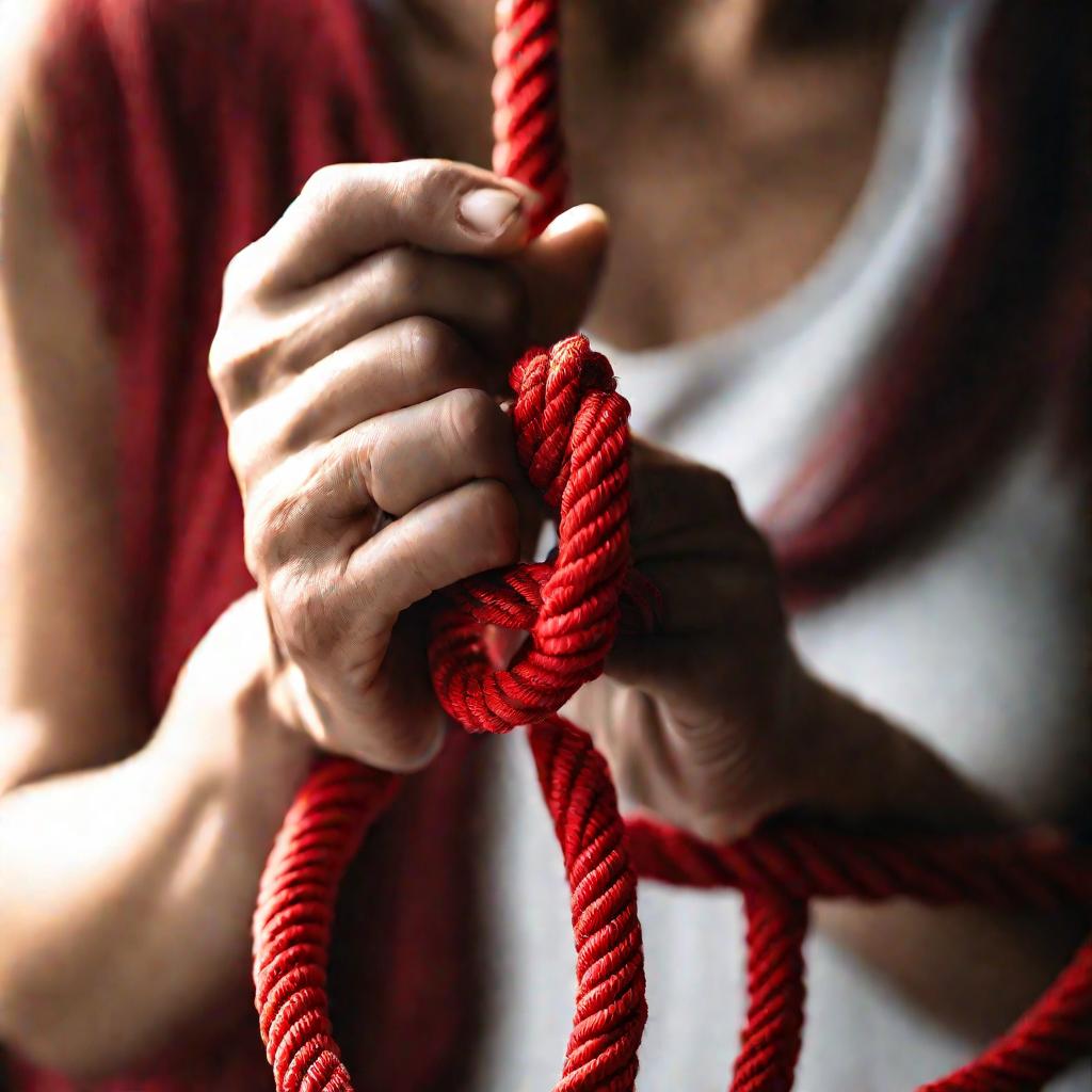 Крупный план рук женщины, ловко завязывающей узел на толстой красной веревке.