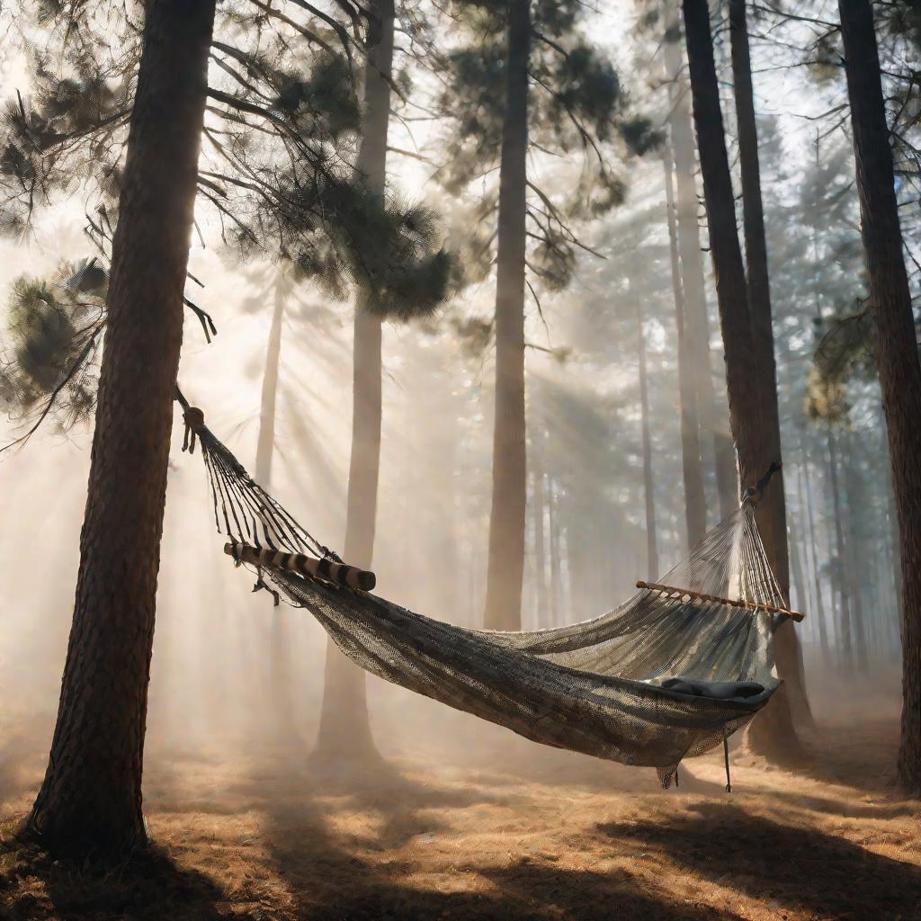 Широкий вид туманного соснового леса в утреннем свете. Гамак на веревках подвешен между деревьями.
