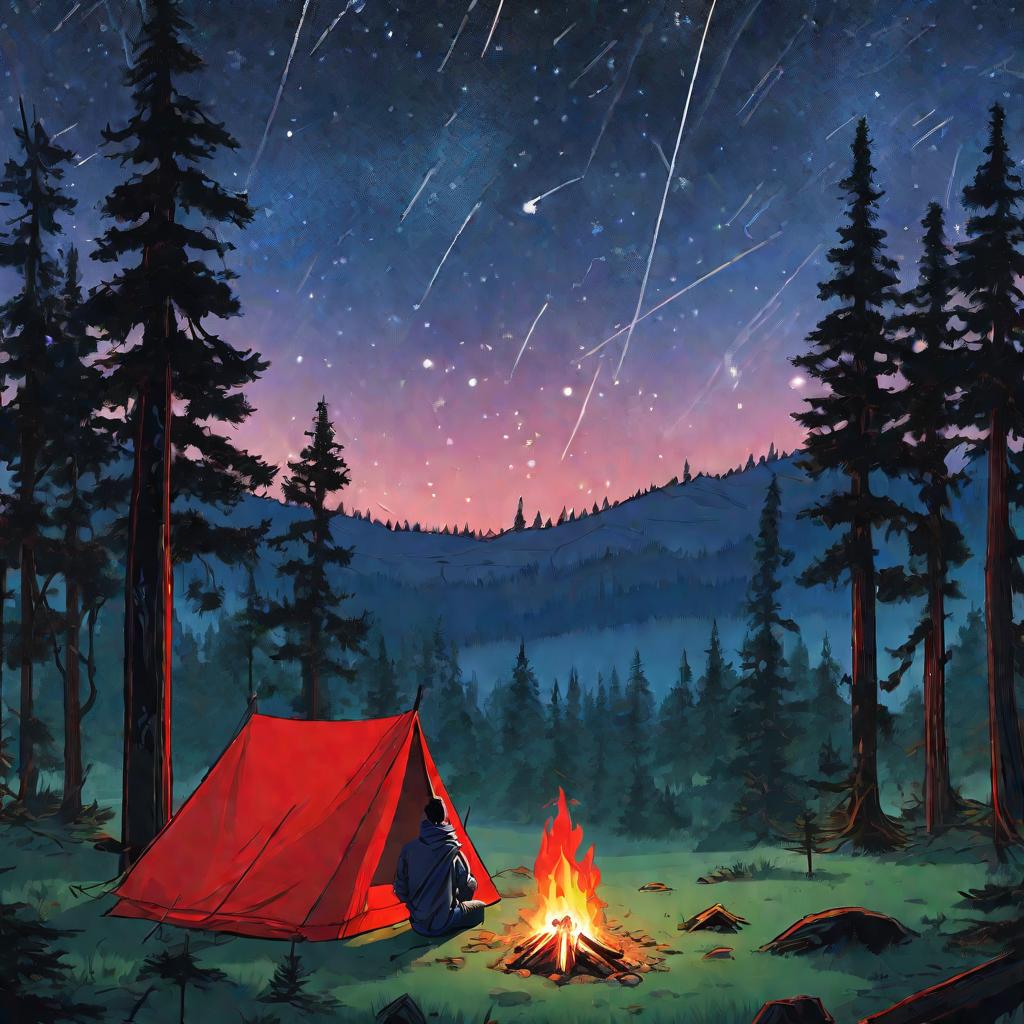 У костра в лесу сидит человек и смотрит на звезды