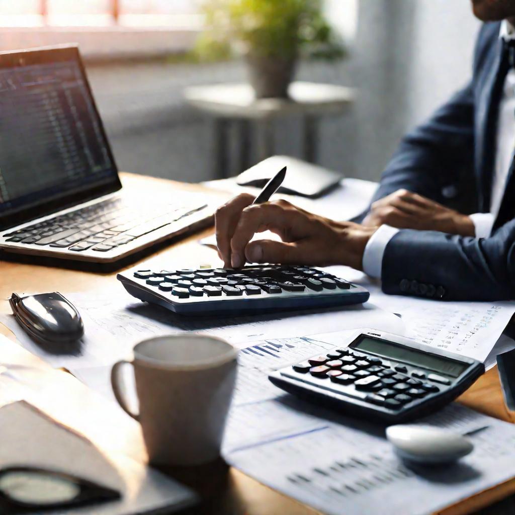 Бухгалтер рассчитывает предельные издержки с помощью калькулятора и ноутбука в офисе.