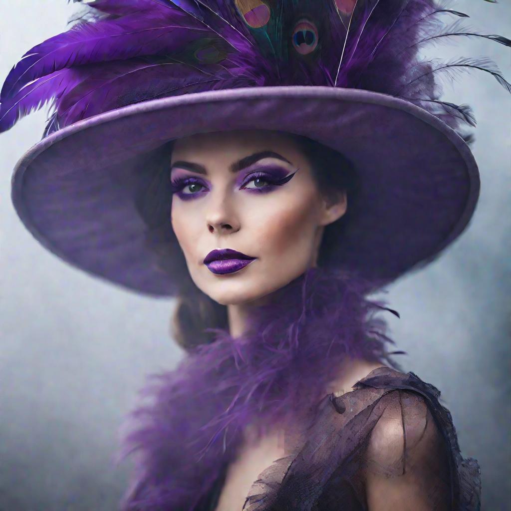 Портрет элегантной дамы в пышной фиолетовой шляпе с перьями на туманном фоне