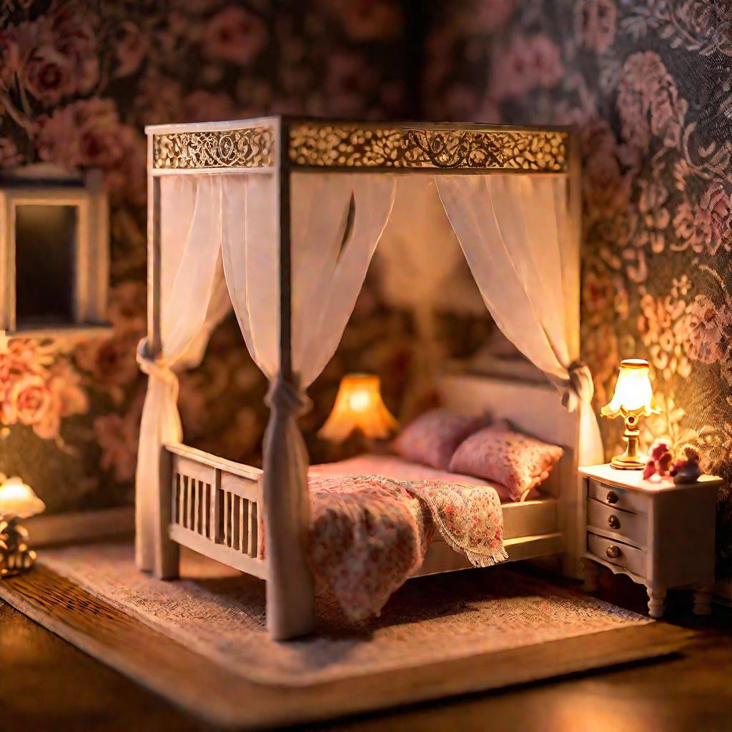 Спальня в кукольном домике ночью при свете ночника
