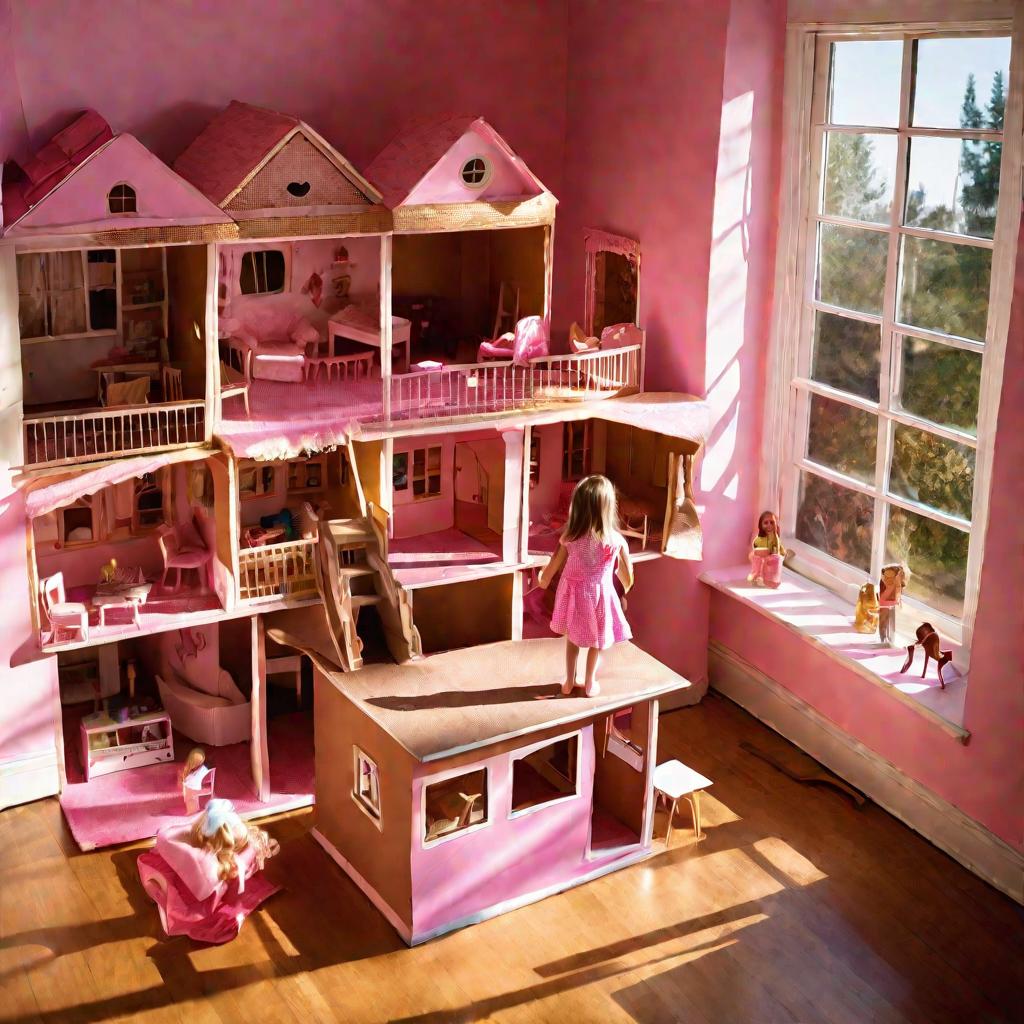 Девочка играет с большим картонным домиком для кукол