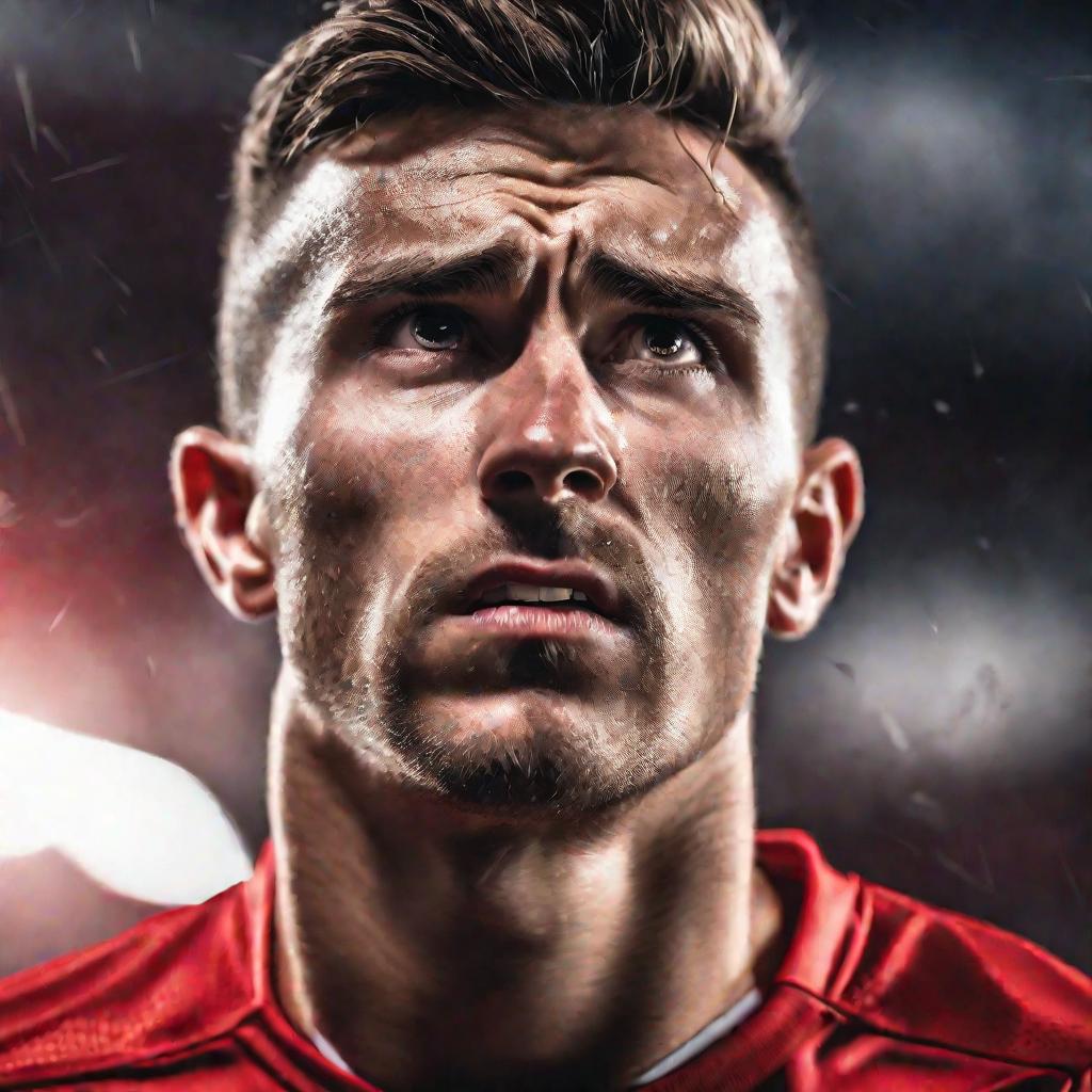 Портрет футболиста в красной форме с сосредоточенным выражением лица.