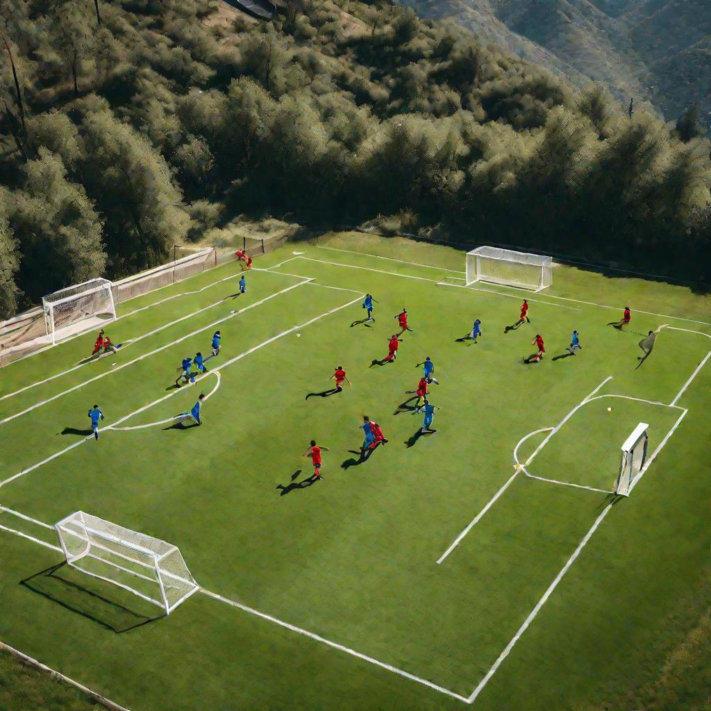 Футбольное поле с игроками во время игры.