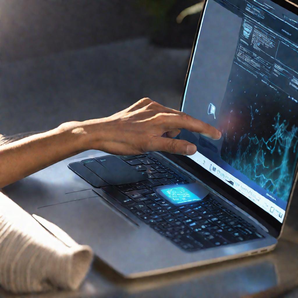 Рука пользователя, управляющая трекпадом ноутбука при очистке кэша браузера