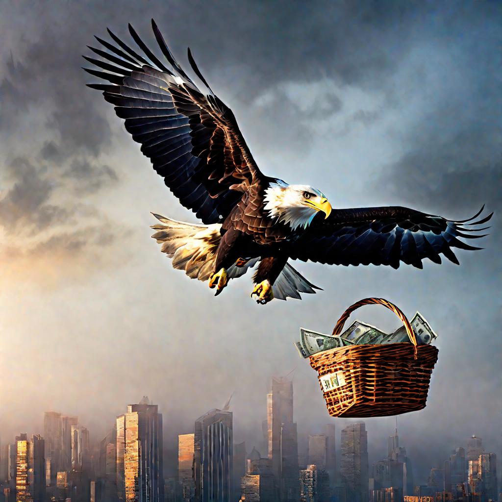 Парящий в воздухе орел держит в когтях корзину с разными валютами. Холодное утреннее освещение и туман на заднем плане.