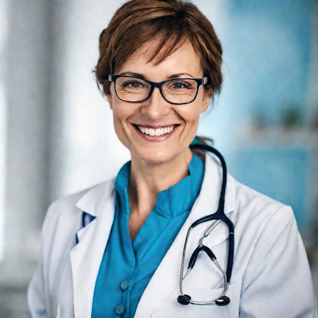Портрет женщины-врача в белом халате, доброжелательно смотрит в камеру