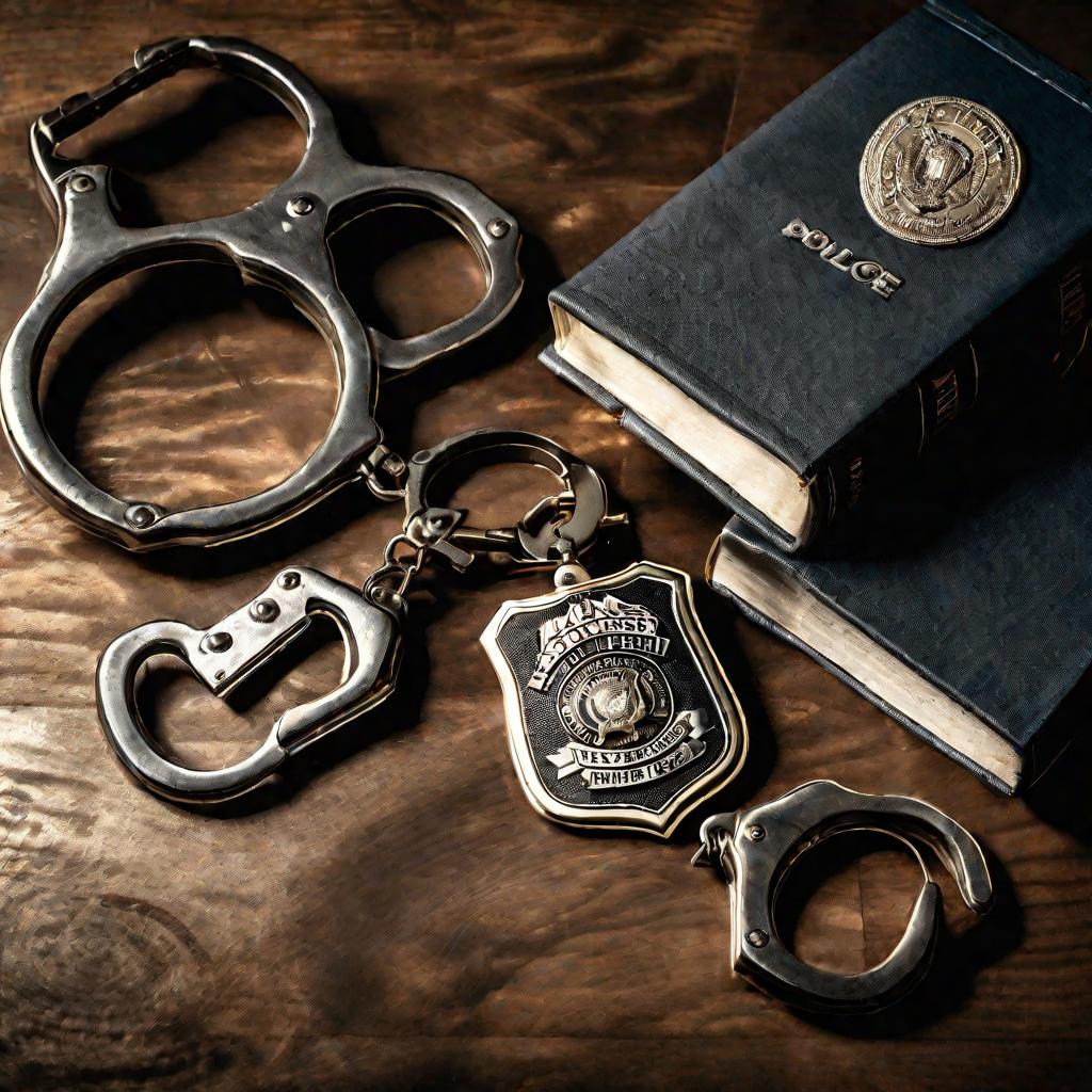 На столе лежат жетоны полицейского и наручники рядом с кодексами этики