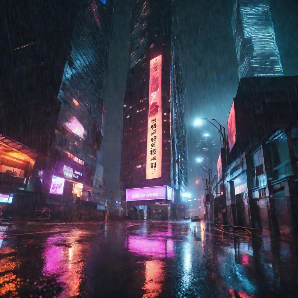 Ночной городской пейзаж с неоновой подсветкой во время сильного дождя.