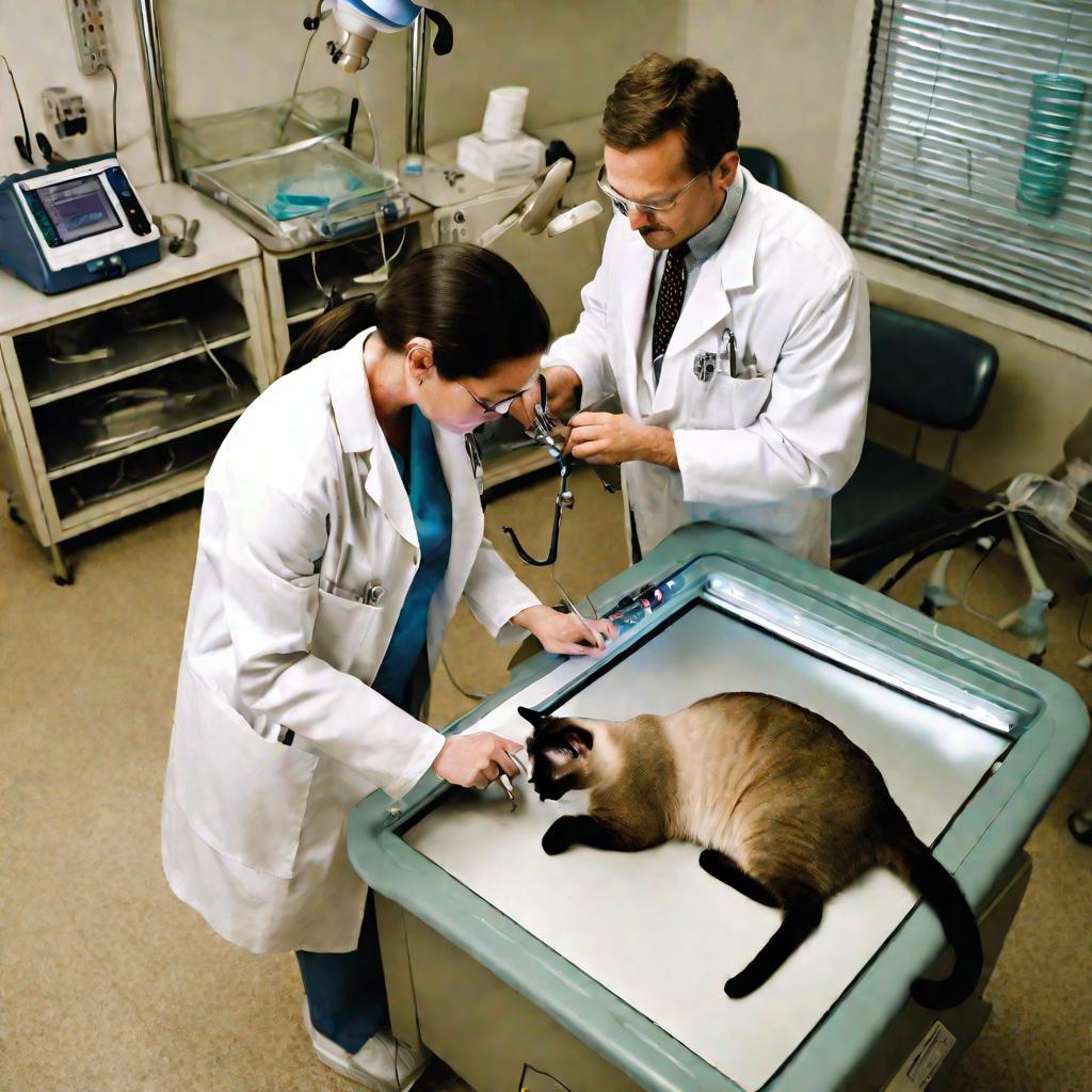Ветеринарный врач осматривает глаза сиамской кошки в своем кабинете
