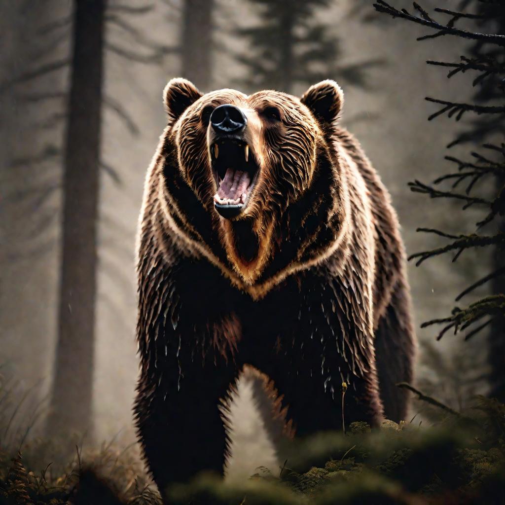 Рычащий медведь гризли в туманном лесу гор Северной Америки в драматичном свете.