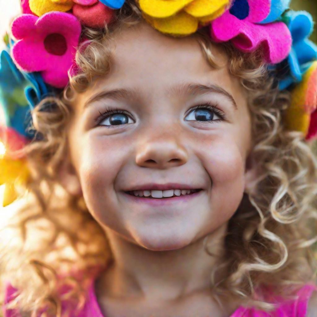 Девочка в ярком цветочном ободке из фетра.