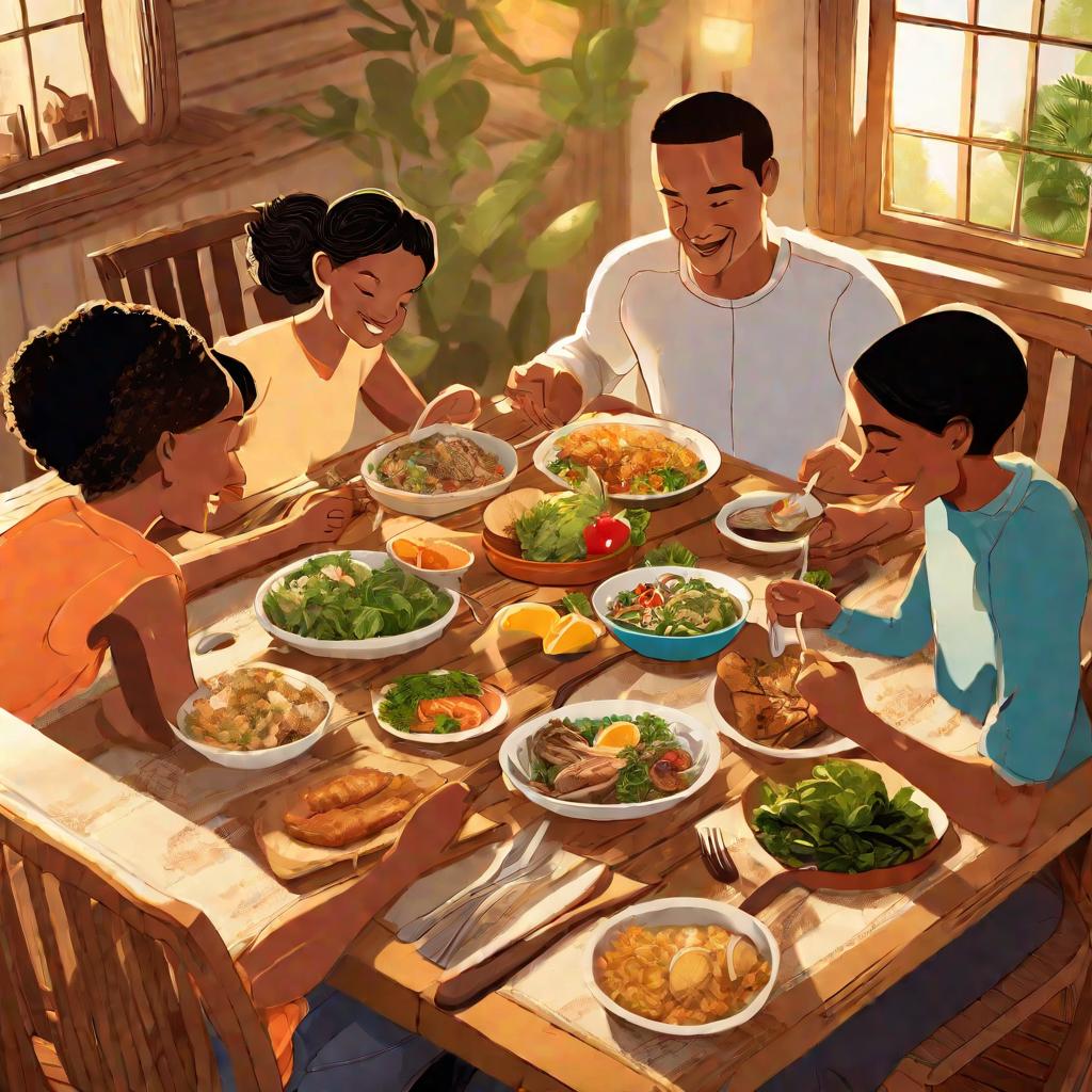 Семья за столом с натуральной едой