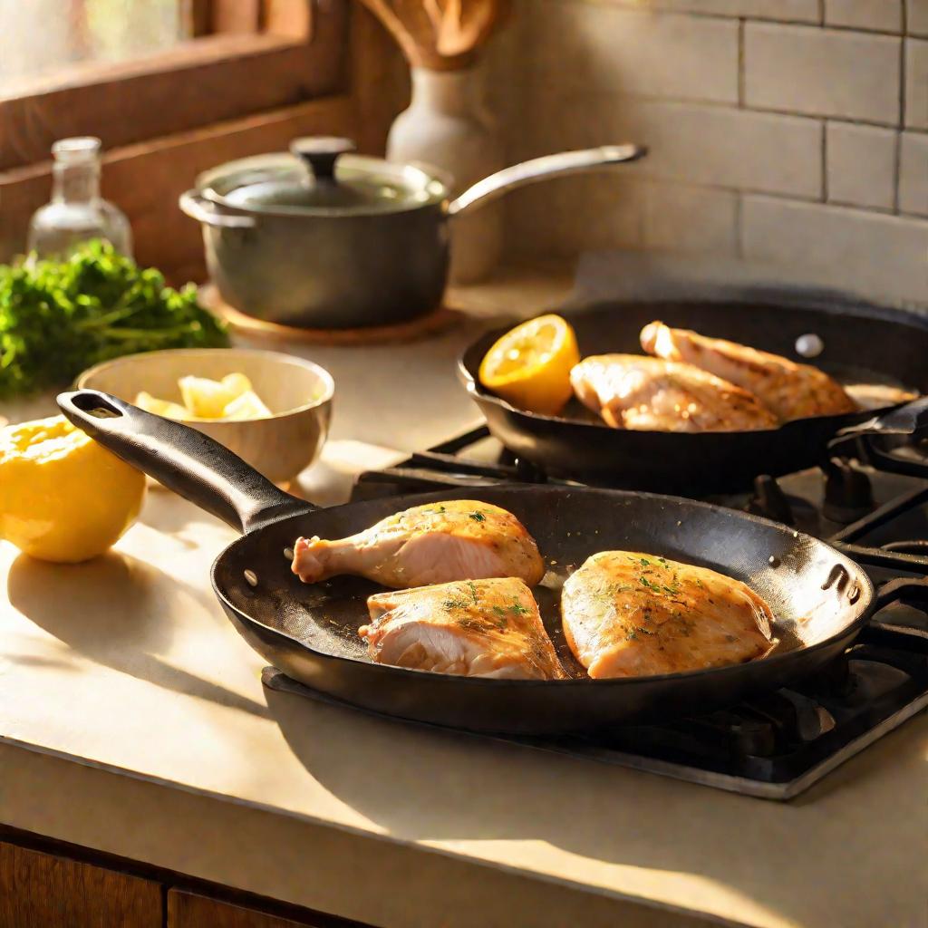 Кусочки куриной грудки, обжаривающиеся на сковороде на газовой плите, под теплым желтым светом в просторной светлой кухне. На столе аккуратно разложены ингредиенты и кухонная утварь, через окно виден закатный солнечный свет, создающий радостное, гостеприи