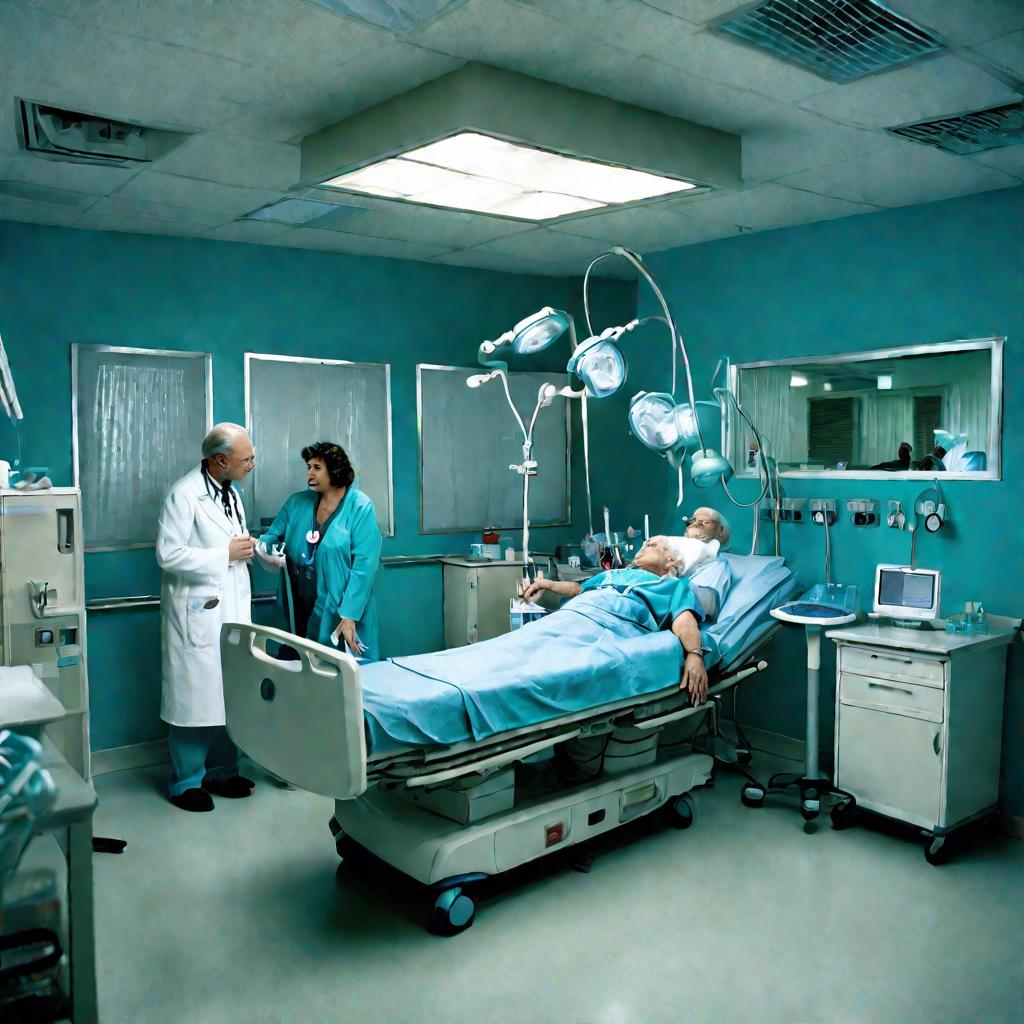 Пациента с астматическим статусом срочно осматривают врачи в больничной палате.