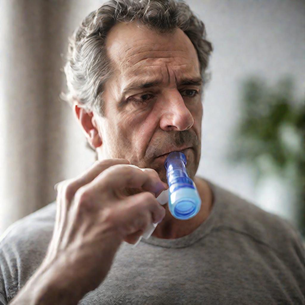 Мужчина средних лет использует ингалятор для приема лекарств от астмы в гостиной своего дома.