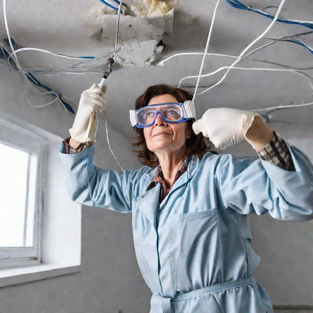 Женщина в защитных очках откручивает на потолке крышку с проводами, готовясь повесить светильник в коридоре