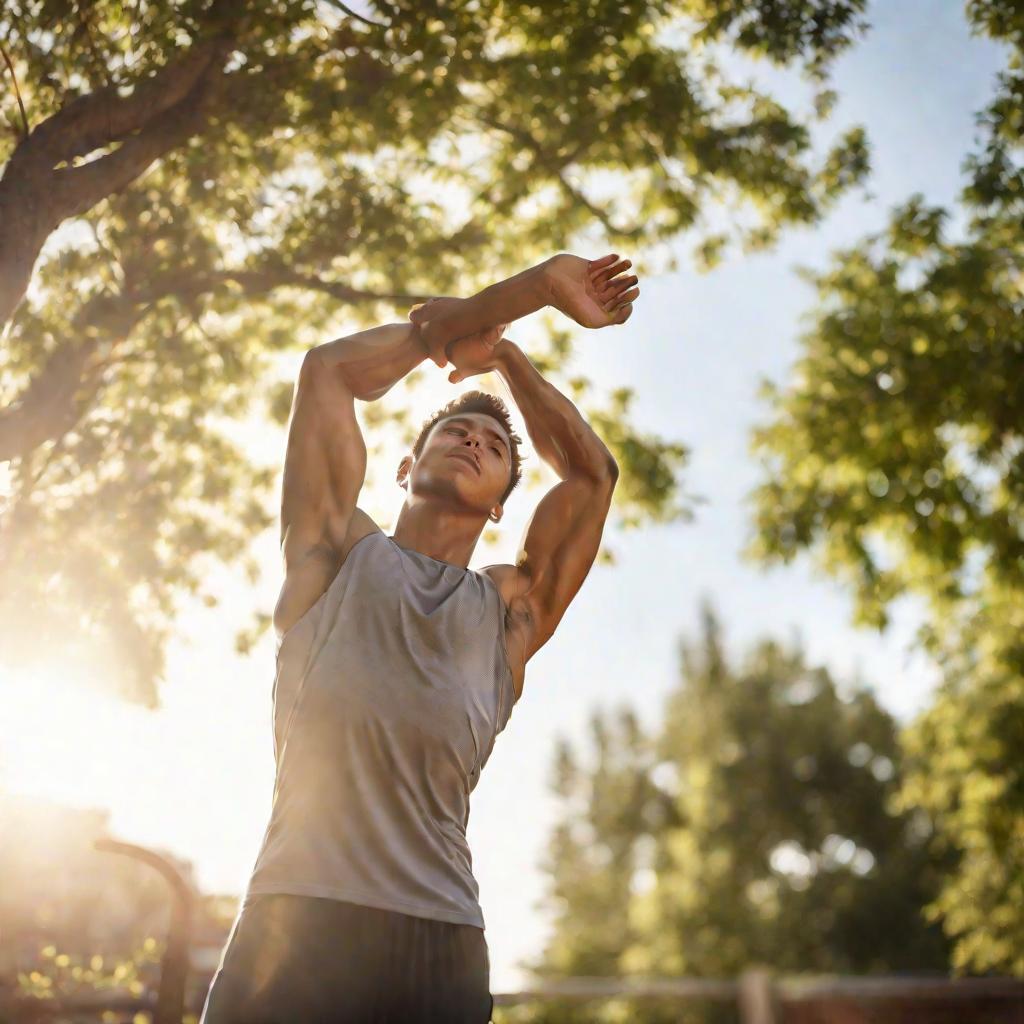 Молодой спортсмен на улице выполняет растяжку плечевых мышц на солнце