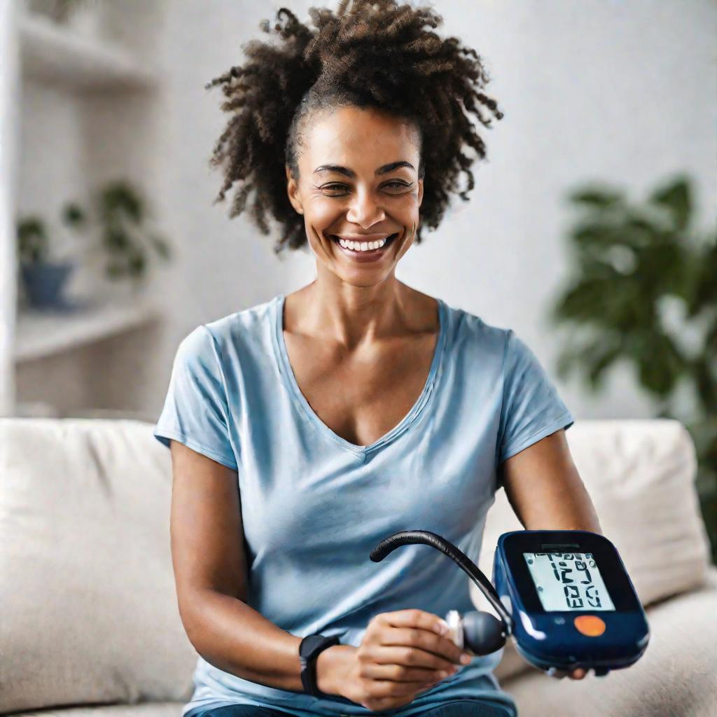 Женщина измеряет артериальное давление дома и радуется результату