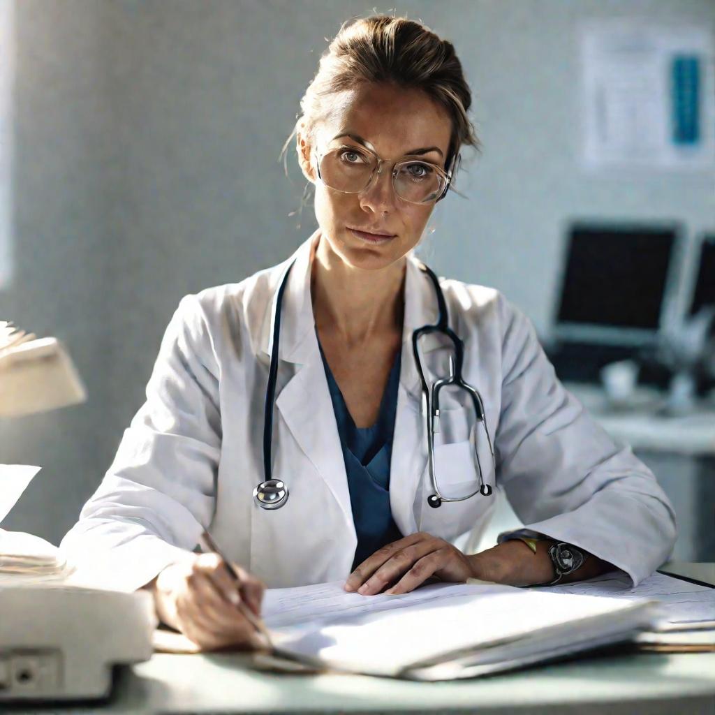 Женщина-врач изучает медицинские записи в светлом госпитальном кабинете.