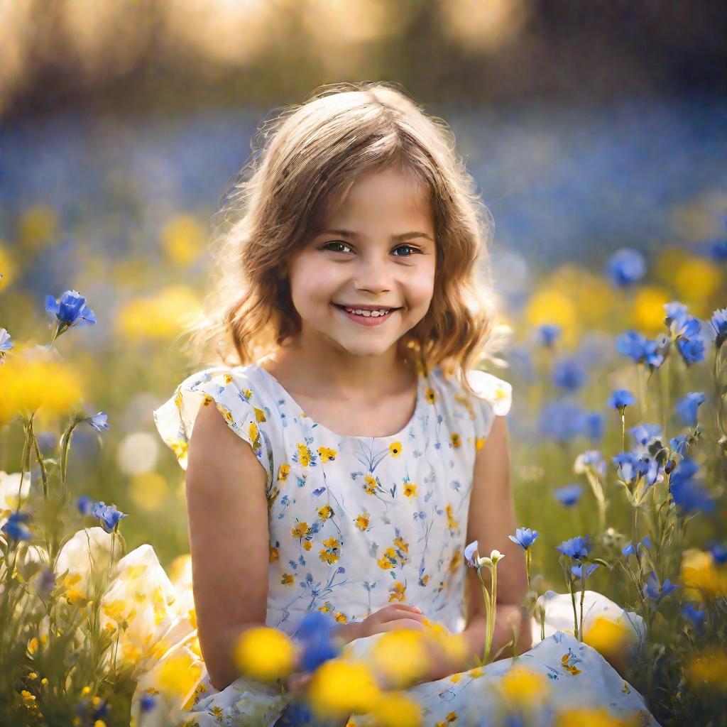 Девочка в поле весенних цветов