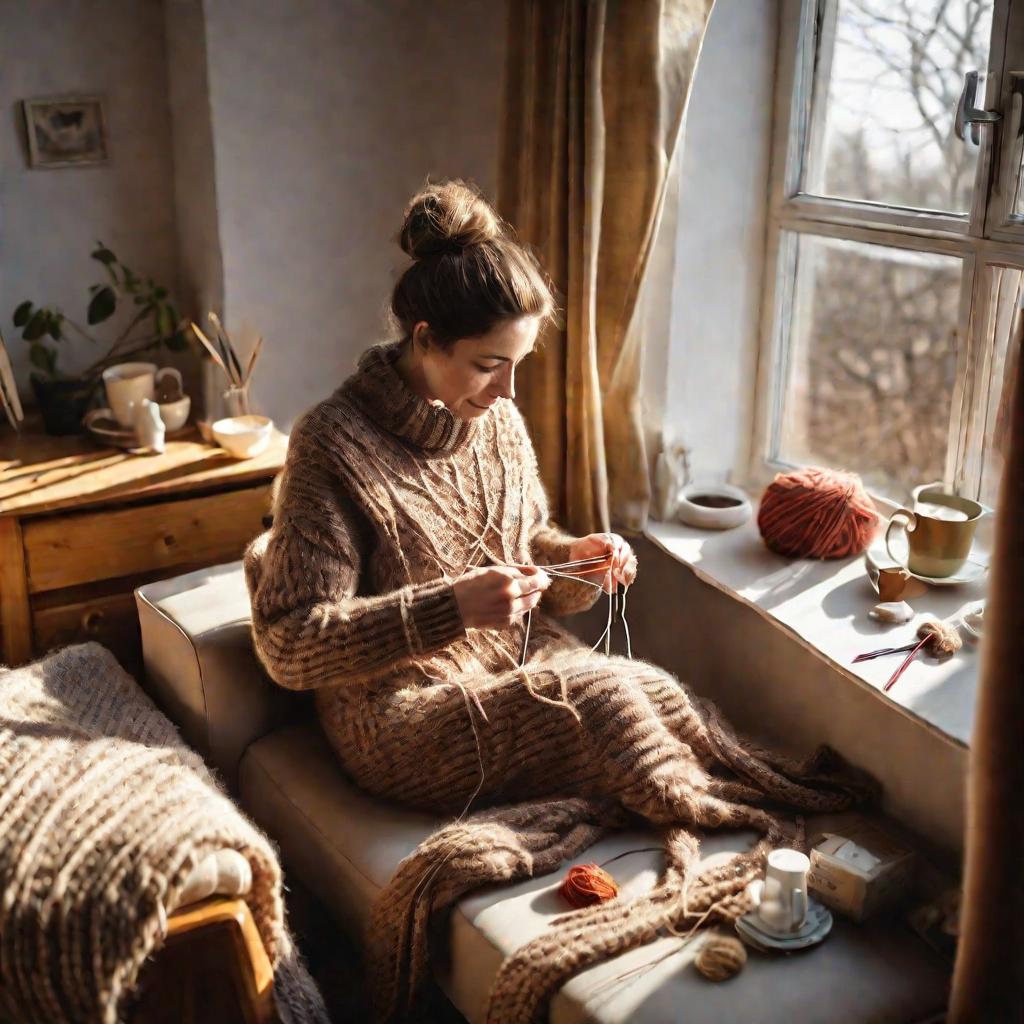 Женщина вяжет свитер спицами у окна