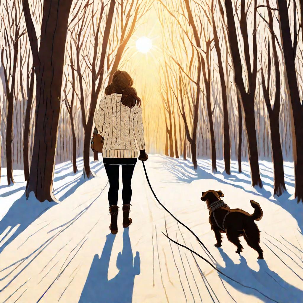 Девушка в свитере гуляет с собакой