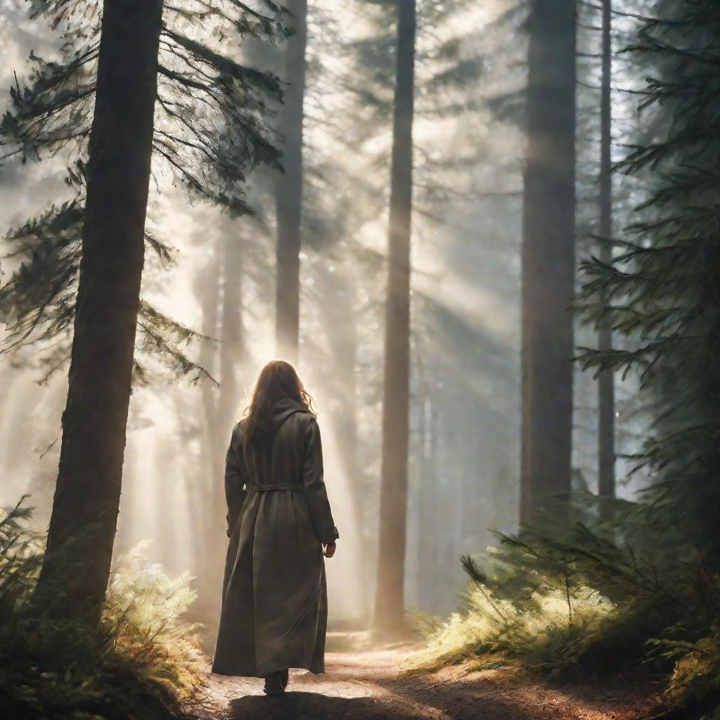 Женщина идет по туманному лесу, задумавшись