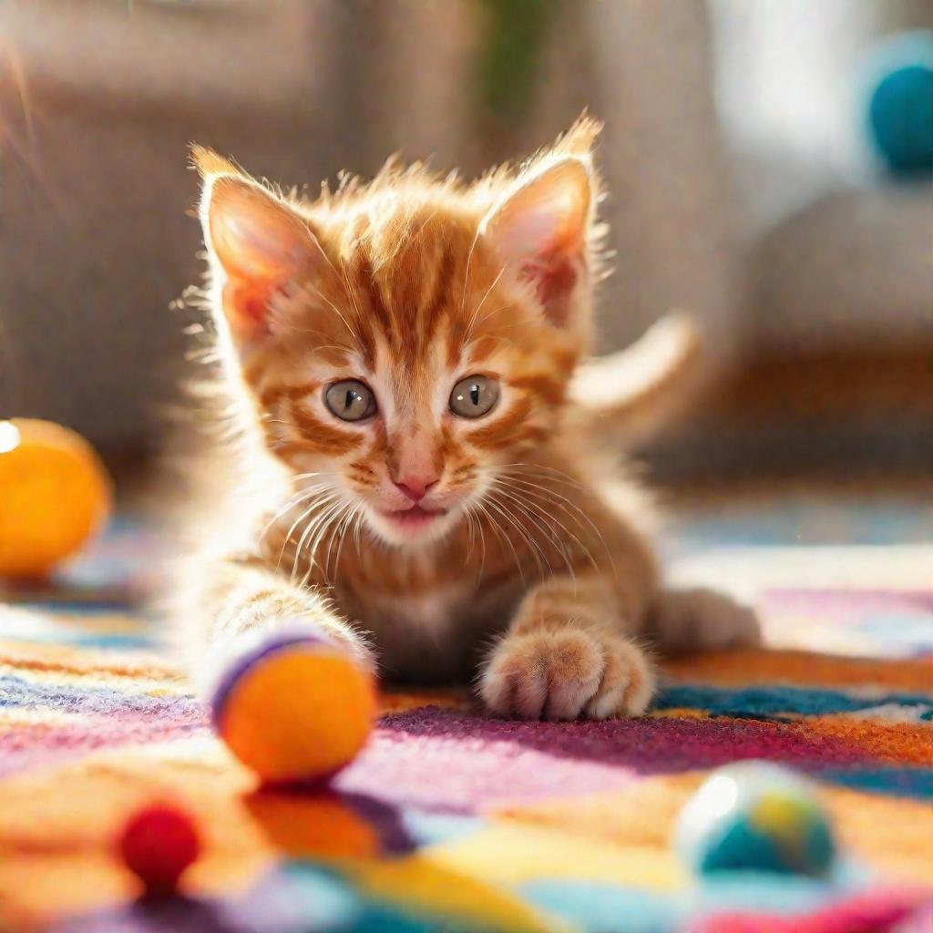 Рыжий котенок играет с мышкой на коврике в лучах солнца