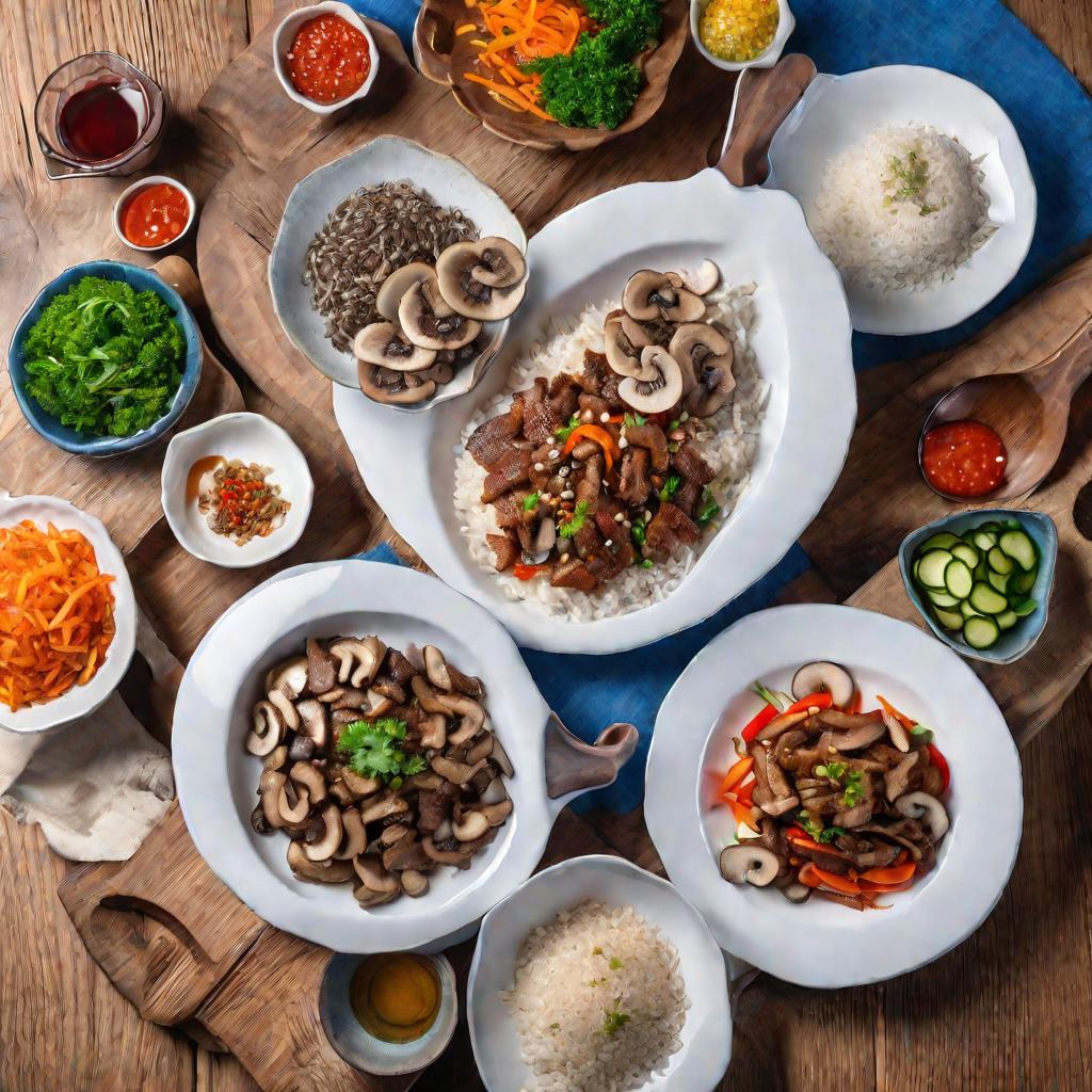 Вид сверху на тарелки с поджаркой из свинины, грибами, рисом и овощами