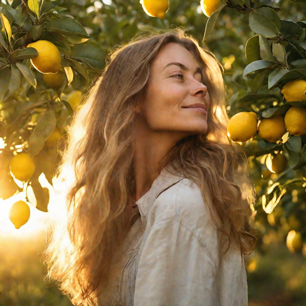 Портрет женщины, нюхающей свежий лимон в солнечном саду