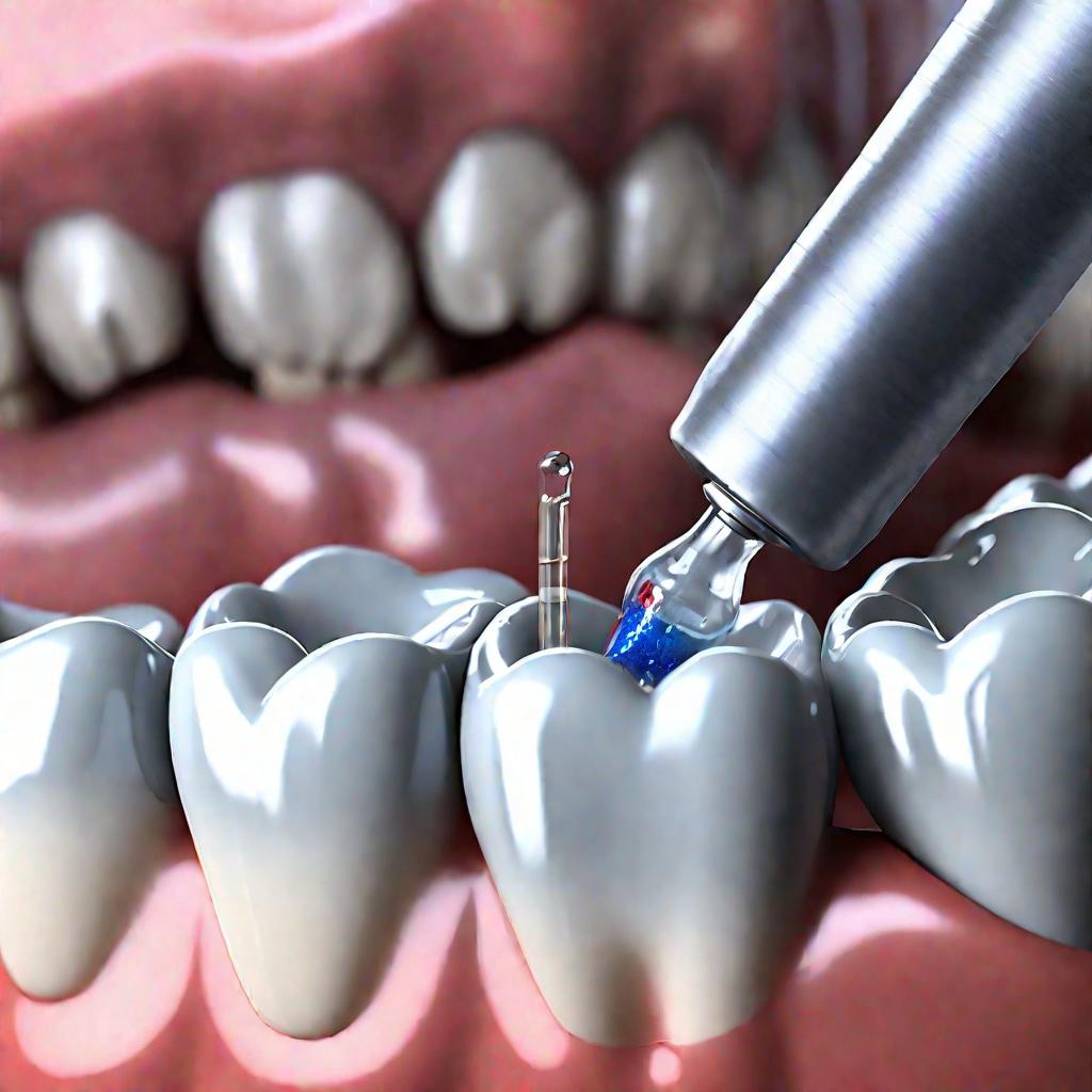 Капля раствора для серебрения зубов наносится на поверхность коренного зуба ребенка