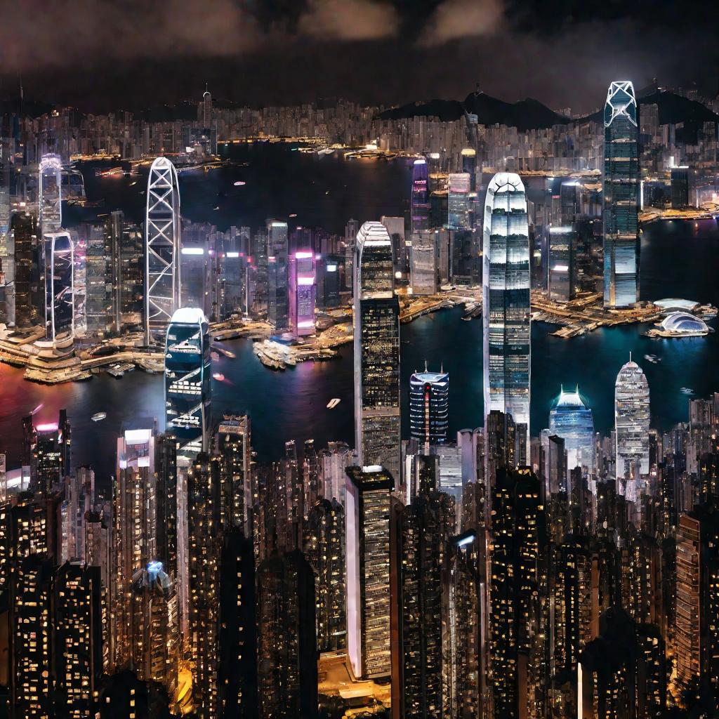 Широкий городской пейзаж ночной гавани Виктория в Гонконге с множеством освещенных небоскребов. Тысячи сверкающих окон отражаются в темной воде, экстраполируя пульсирующую энергию города в будущее.