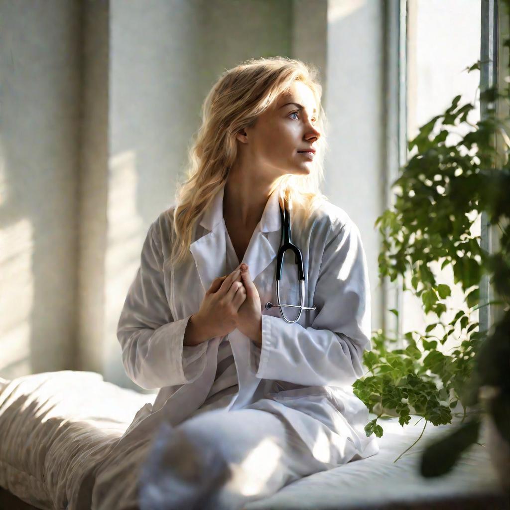 Портрет женщины-врача, задумчиво сидящей на кровати у окна