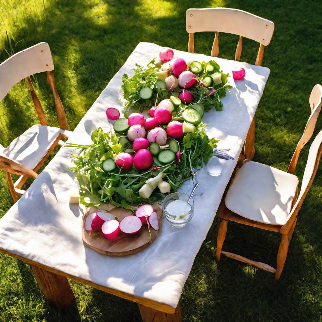 Стол для пикника с салатом из одуванчиков